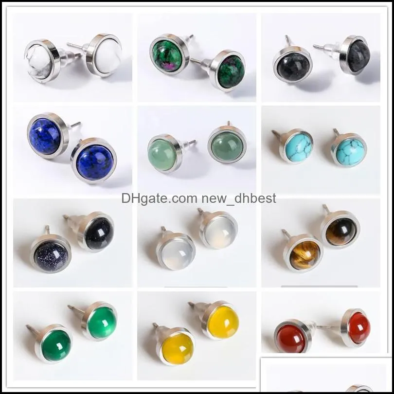 handmade lovely 10mm natural stone stud earrings stainless steel earrings tiger eyes agate women jewelry olstyle