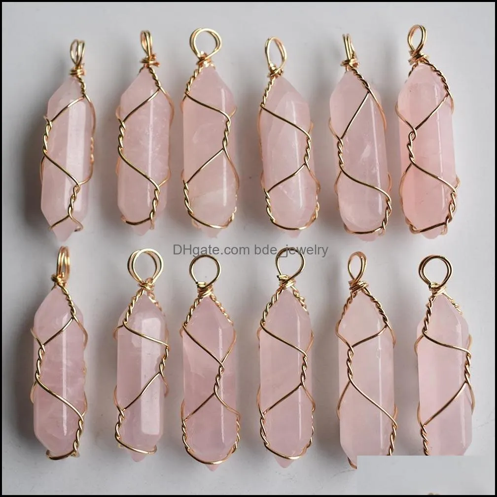 natural stone pink hexagonal pillar charms rose quartz stone chakra handmade gold iron wire pendants for jewelry making wholesale