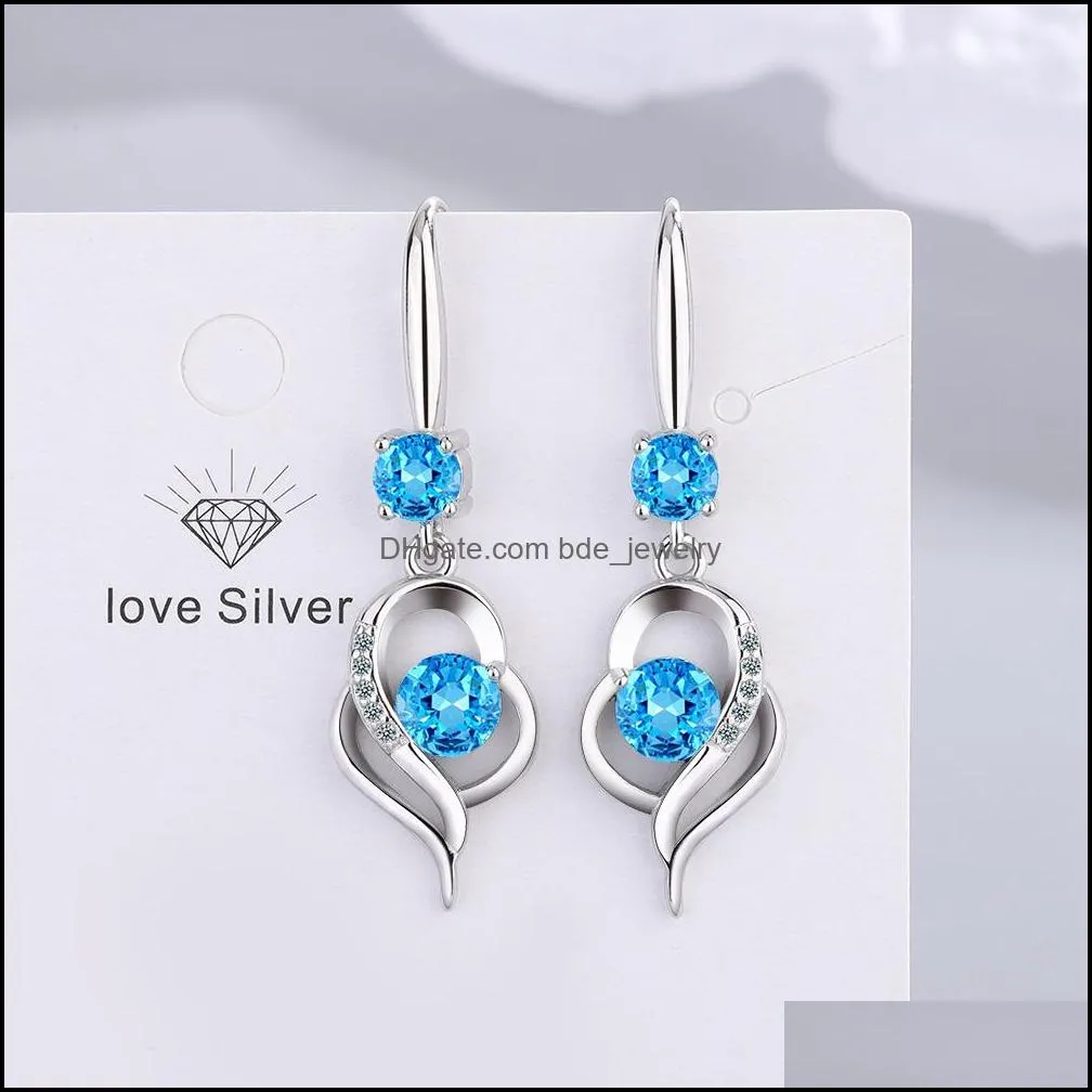 heart charms s925 stamp silver earrings blue pink white zircon earring jewelry shiny crystal tassel hoops piercing earrings for women wedding party