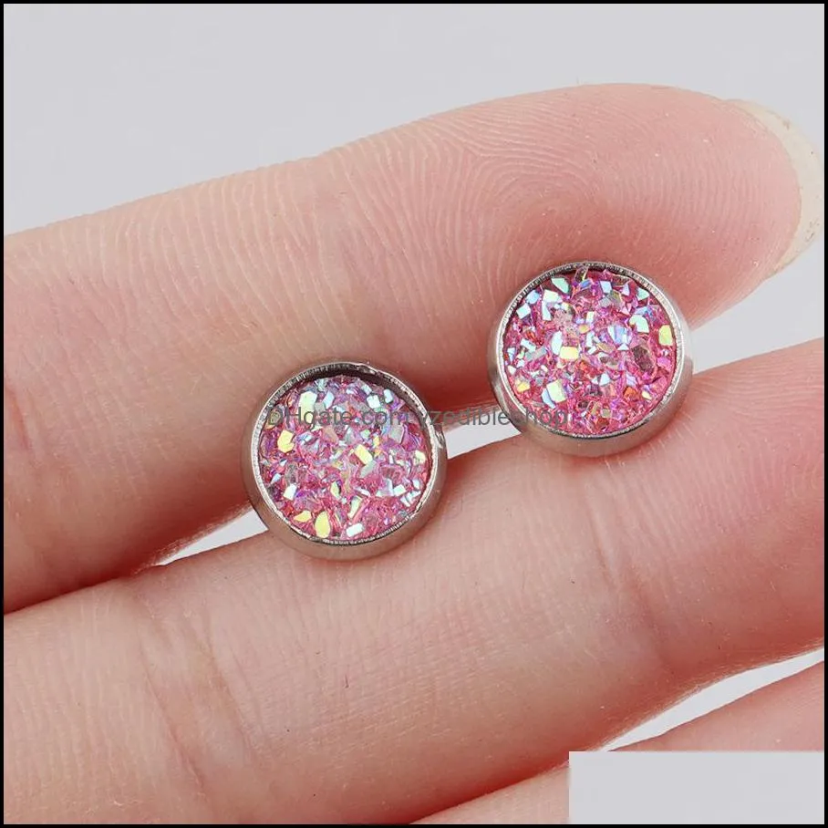 mini round stainless steel stud 8mm resin druzy drusy earrings handmade stud for women jewelry men