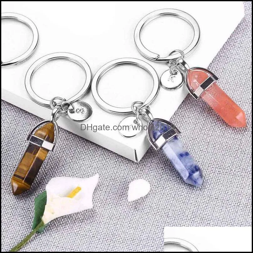 fashion 26 letter key rings natural stone pendant keychain rose quartz stones crystal good luck key chains accessories jewelry gift