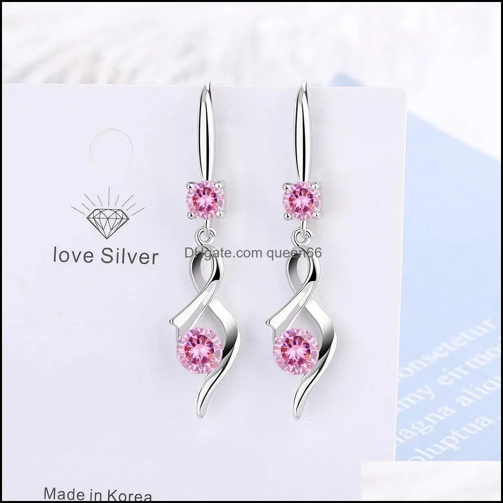 s925 stamp silver plated crystal charms pink blue white zircon earrings tassel hook type women`s fashion jewelry earrings wedding party