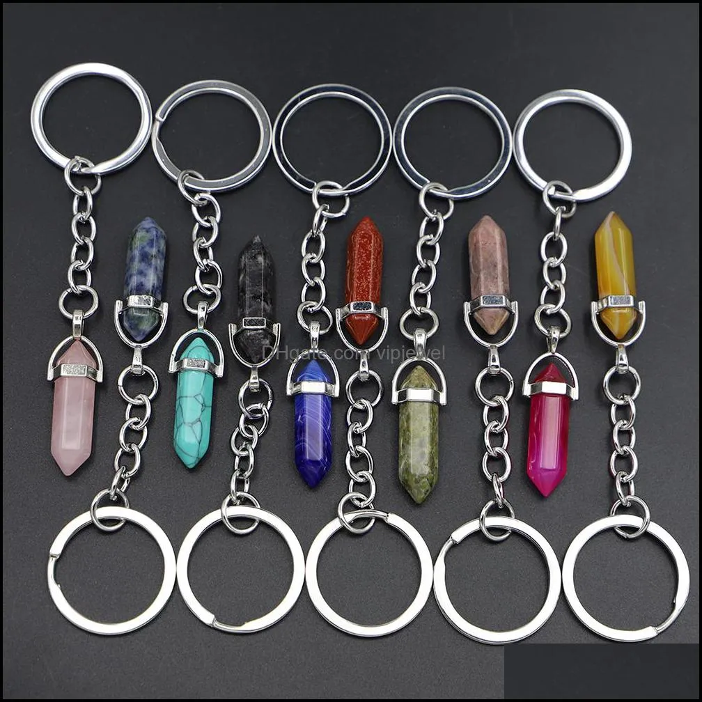 natural stone crystal key rings handbag dangle holder keychains hexagonal column pendulum amulet real agates tiger eye opal pink quartz key