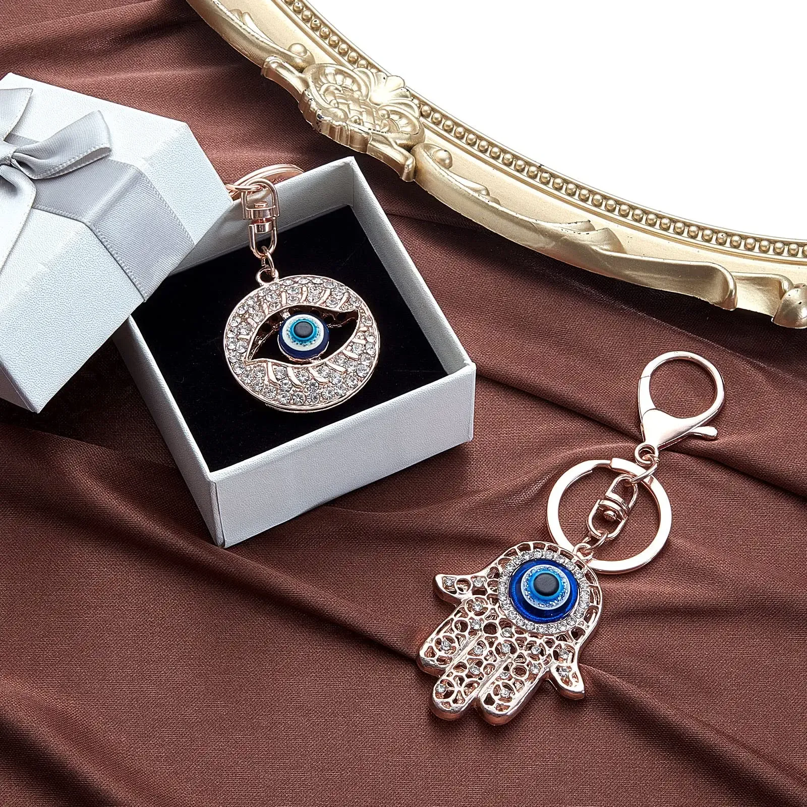 3ml evil eye keychain hamsa hand faux crystal key rings hand shaped accessories women round key chain gold purse pendant jewelry for handbag bag decoration gift