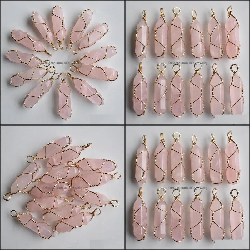 natural stone pink hexagonal pillar charms rose quartz stone chakra handmade gold iron wire pendants for jewelry making wholesale