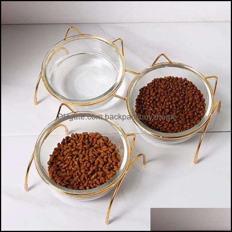Pet Dog Cat Glass Tilted Elevated Bowl Raised Feeding Dish Water Slow Feeder With Metal Stand Bowls & Feeders