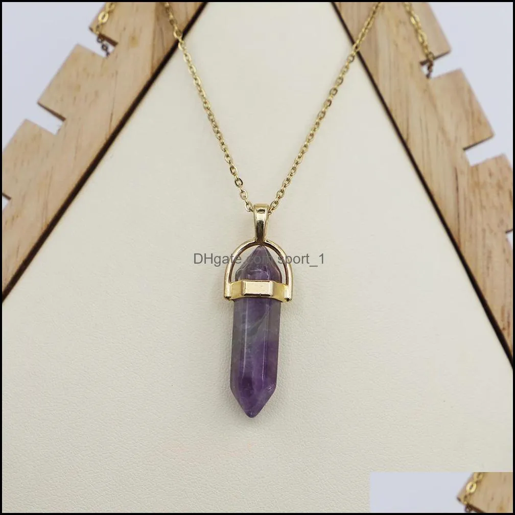 natural stone hexagonal column point gold necklaces cylindrical pendants healing crystal fluorite lapis pendulum chakra jewelry