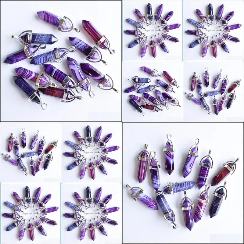 purple stripe agate stone pillar shape charms point chakra pendants for jewelry making