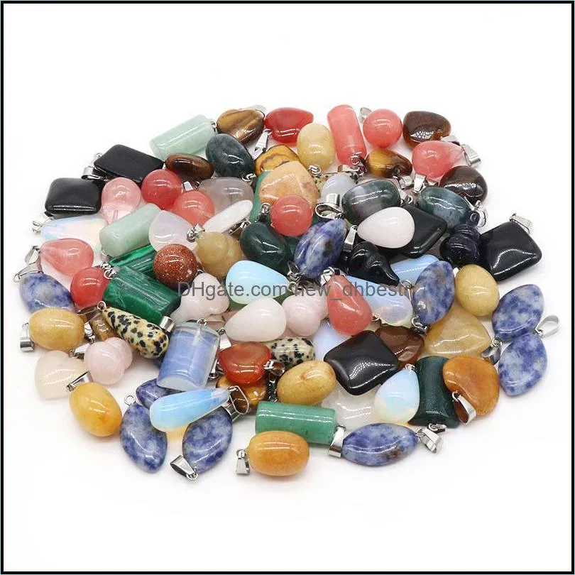 50pc natural crystal stone charms waterdrop heart cross rose quartz tiger`s eye opal crystal pendants fit chakras necklace jewelry