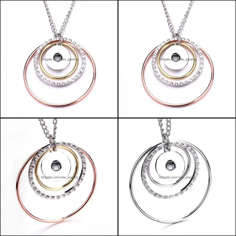 snap button jewelry three big circle rose gold silver rhinestone pendant fit 18mm snaps buttons necklace for women men noosa d348