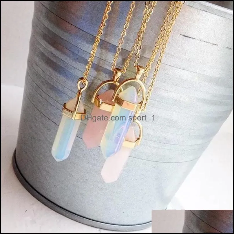 personality hexagonal column rose quartz necklace opal pendant fashion natural stone bullet pink crystal pendants necklaces ladies
