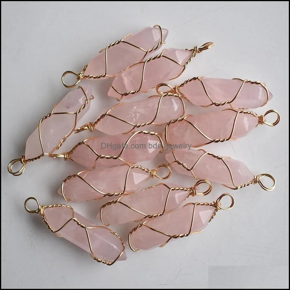 natural stone pink hexagonal pillar charms rose quartz stone chakra handmade gold iron wire pendants for jewelry making wholesale