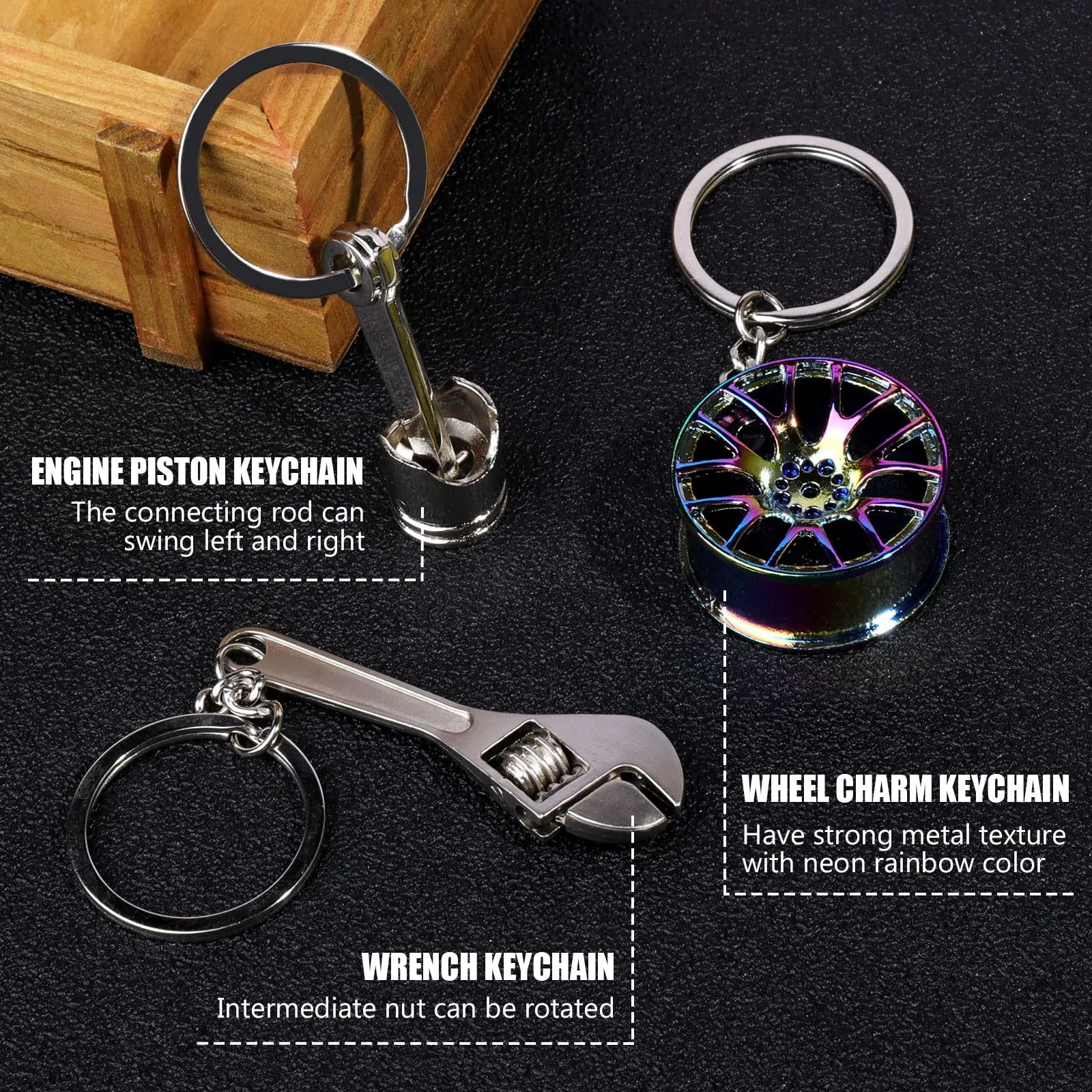 3ml auto parts metal key chain auto part model keychain set turbo keychain manual shift box keychain brake rotor keychain wheel tire rim keychain engine piston keychain wrench keychain