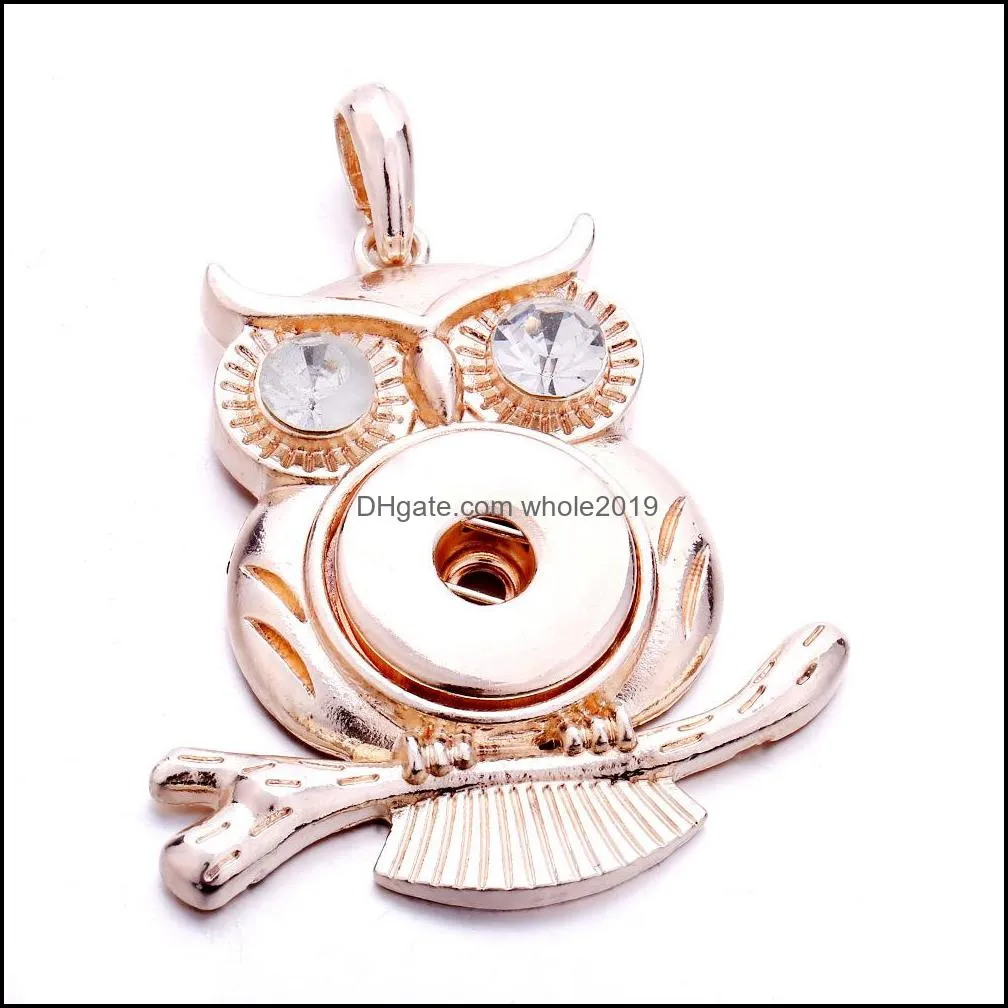 snap button jewelry rhinestone gold silver owl shape pendant fit 18mm snaps buttons necklace for women men noosa