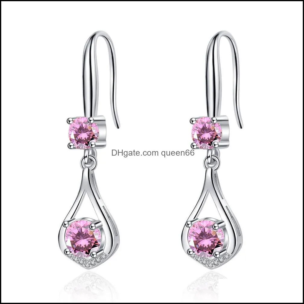 s925 stamp silver plated crystal waterdrop charms pink blue white zircon earrings tassel hook type women`s fashion jewelry earrings wedding party