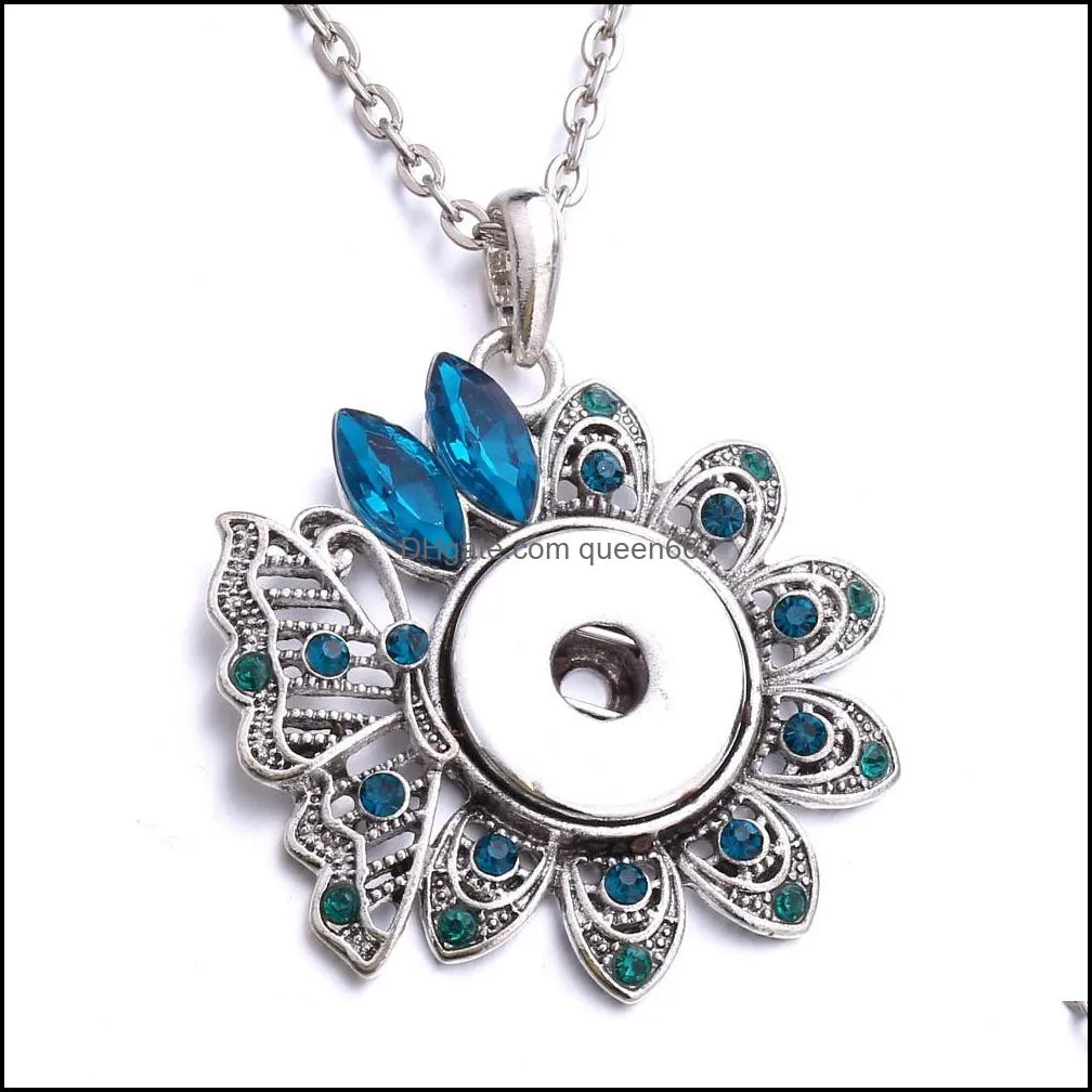 snap button jewelry blue white zircon flower pendant fit 18mm snaps buttons necklace for women noosa d082