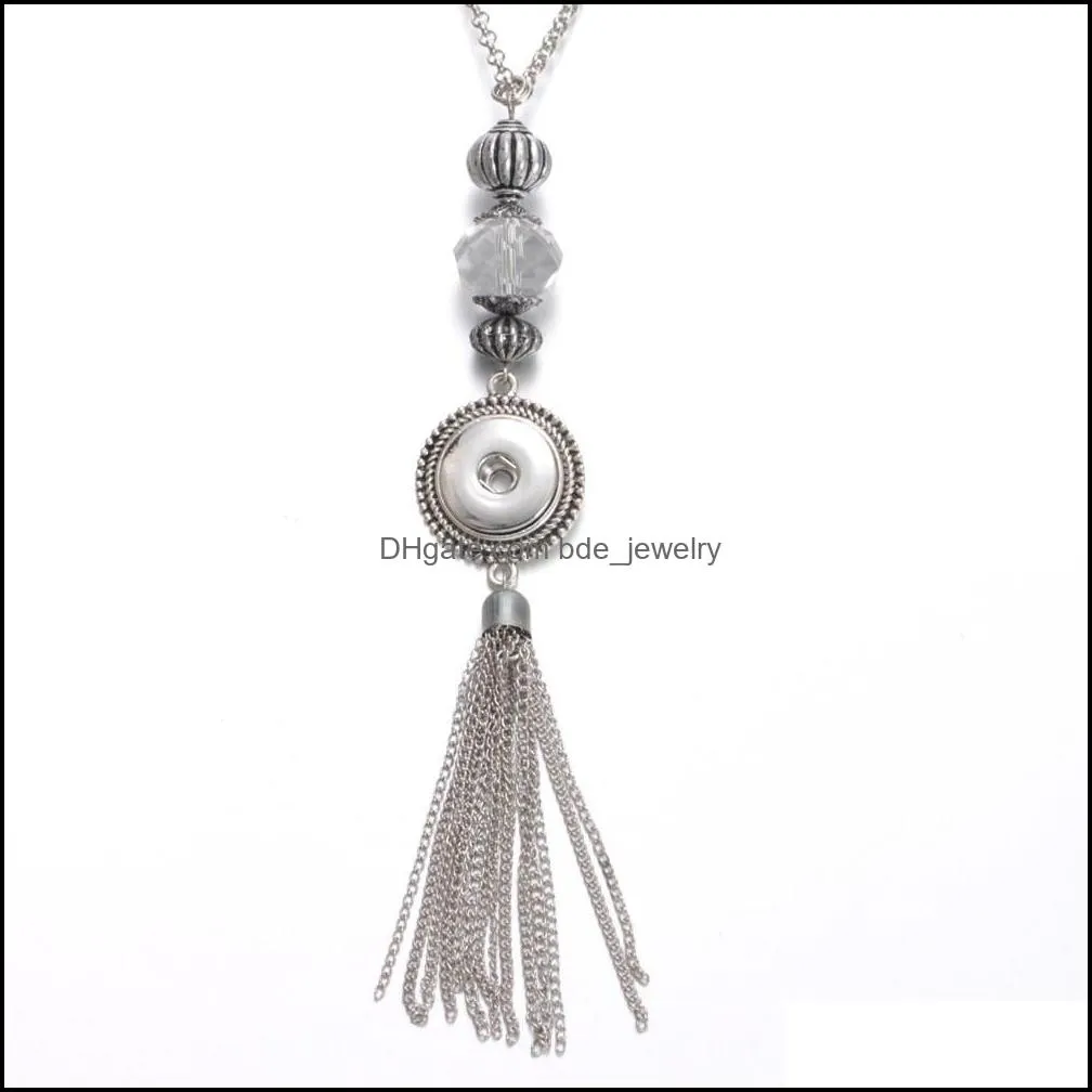 snap button jewelry long chain tassel rhinestone pendant fit 18mm snaps buttons necklace for women men noosa