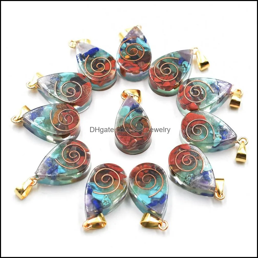 retro colorful natural 7 colors chakras stone charms resin waterdrop shape pendants wholesale for necklace jewelry making