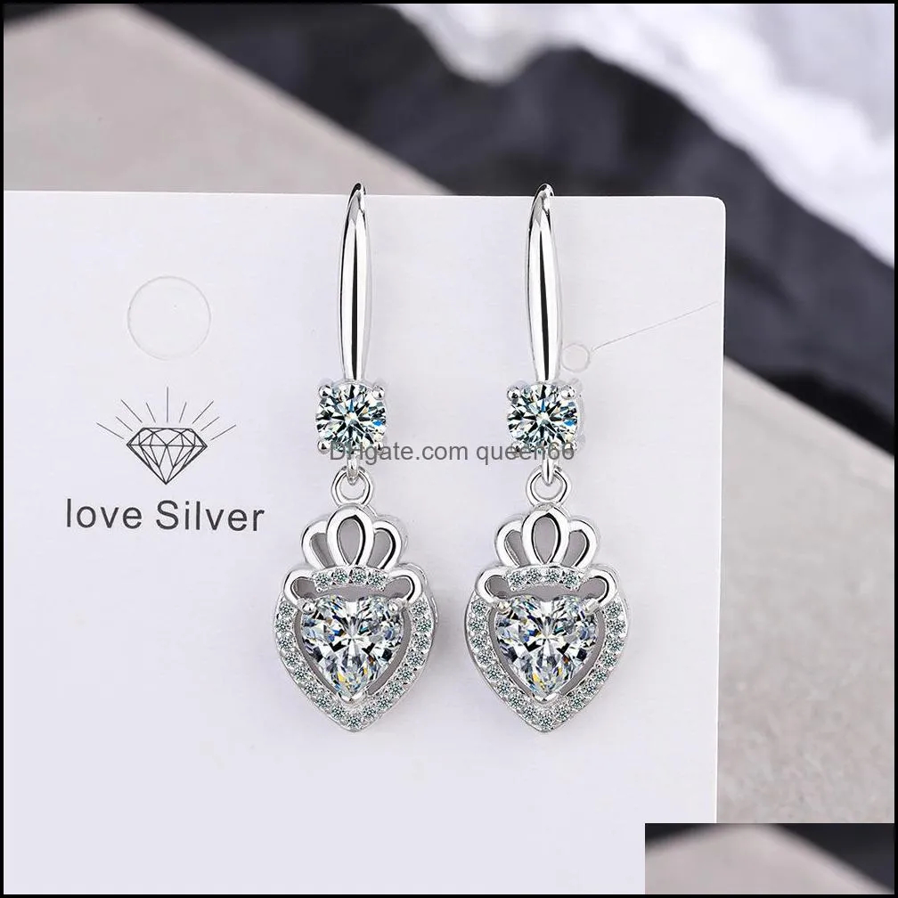 s925 stamp silver earrings heart crown charms blue pink white zircon earring jewelry shiny crystal tassel hoops piercing earrings for women wedding party