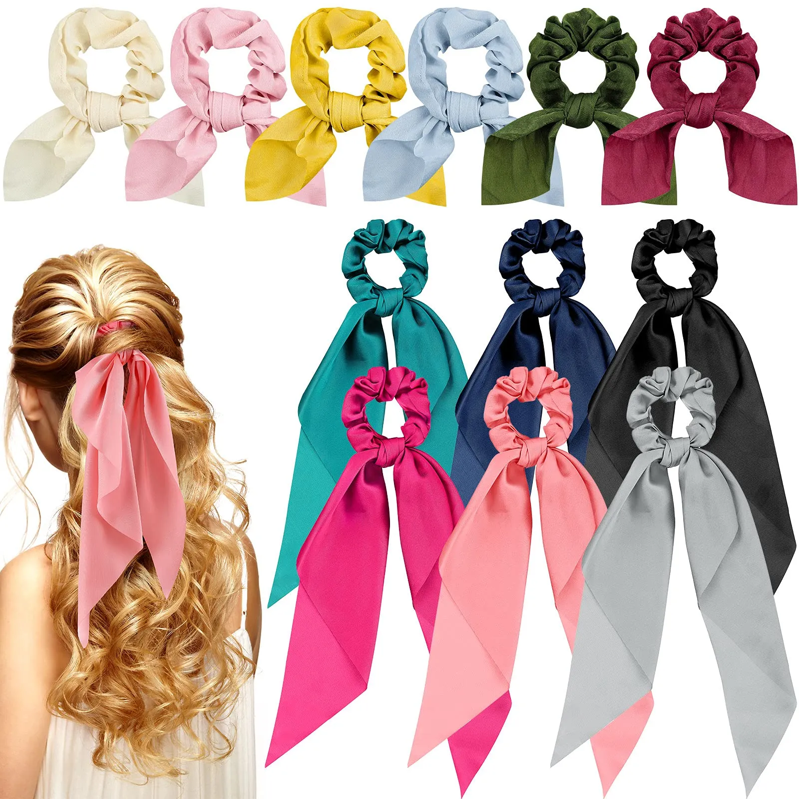 3ml bow scrunchies for hair chiffon scrunchies silk with bow scarf solid stripe flower color bow scrunchies ponytail holder hair ties ropes rabbit bunny ear bowknot scrunchies hair accessories