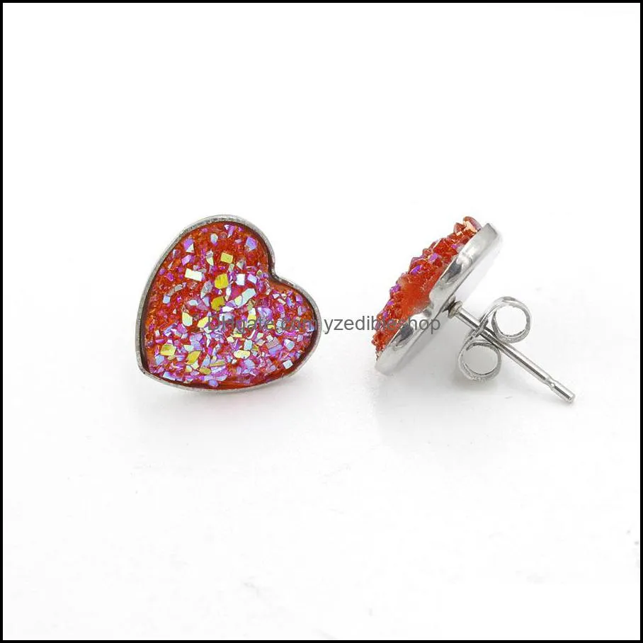 heart stainless steel stud 14mm resin druzy drusy earrings handmade stud for women jewelry men