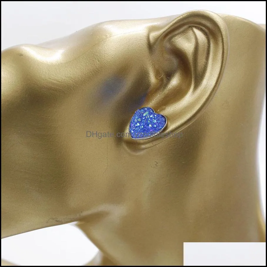 heart stainless steel stud 14mm resin druzy drusy earrings handmade stud for women jewelry men