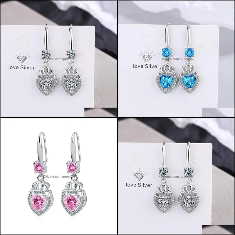 s925 stamp silver earrings heart crown charms blue pink white zircon earring jewelry shiny crystal tassel hoops piercing earrings for women wedding party