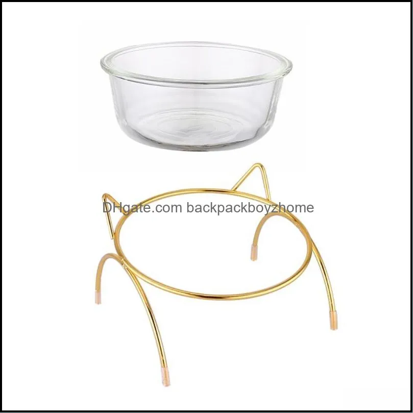 Pet Dog Cat Glass Tilted Elevated Bowl Raised Feeding Dish Water Slow Feeder With Metal Stand Bowls & Feeders