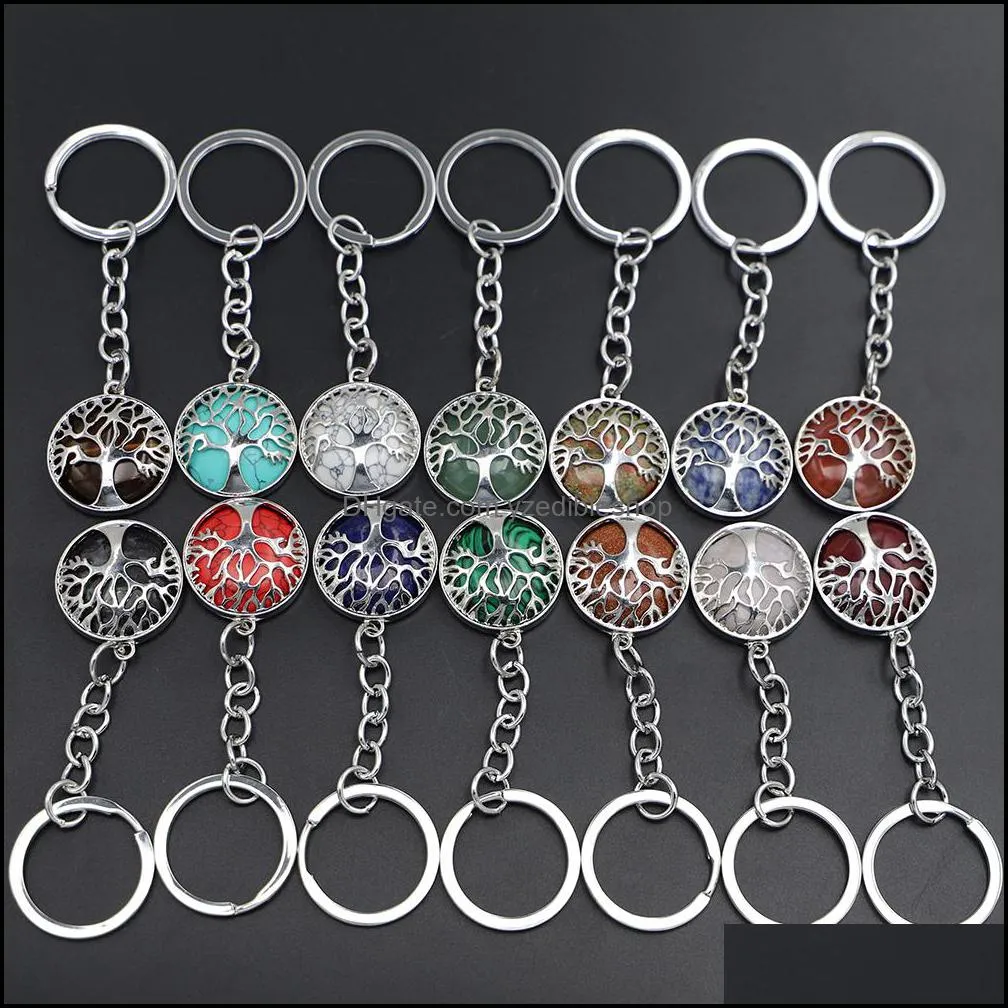 natural stone crystal key rings handbag holder tree of life keychains hexagonal column pendulum amulet real agates tiger eye opal pink quartz key