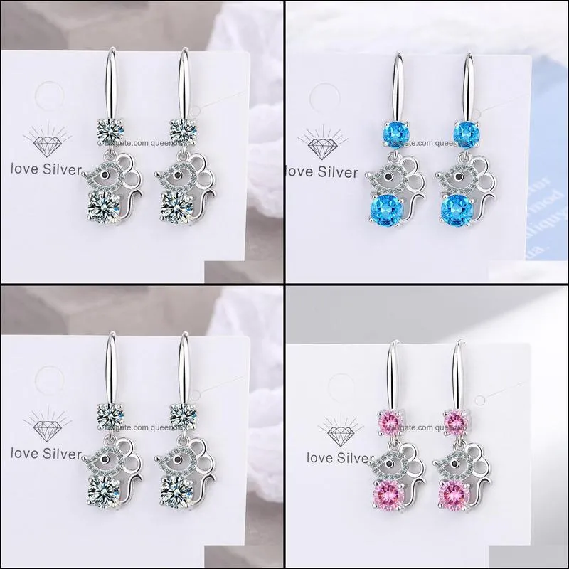 s925 stamp silver plated earrings cut mouse charms blue pink white zircon earring jewelry shiny crystal hoops piercing earrings for women wedding party