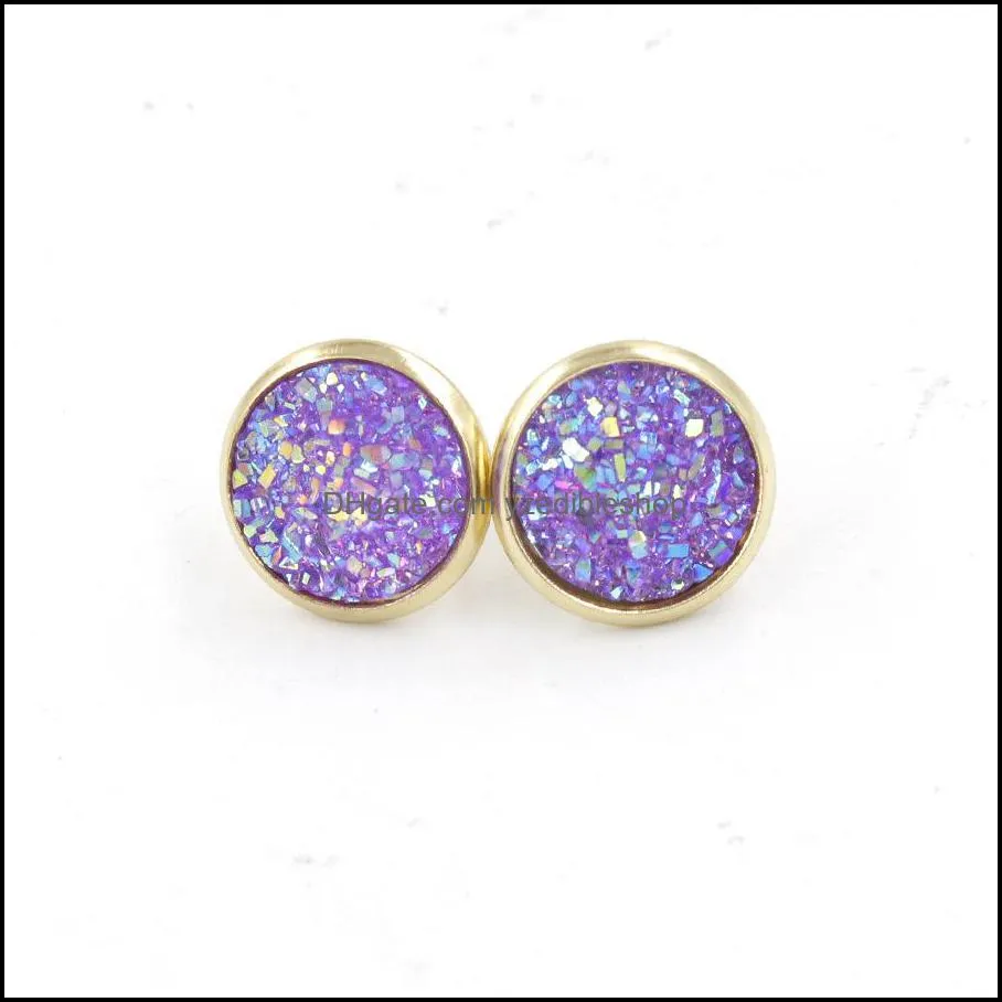 round gold plated 12mm resin druzy drusy earrings handmade stud for women jewelry men