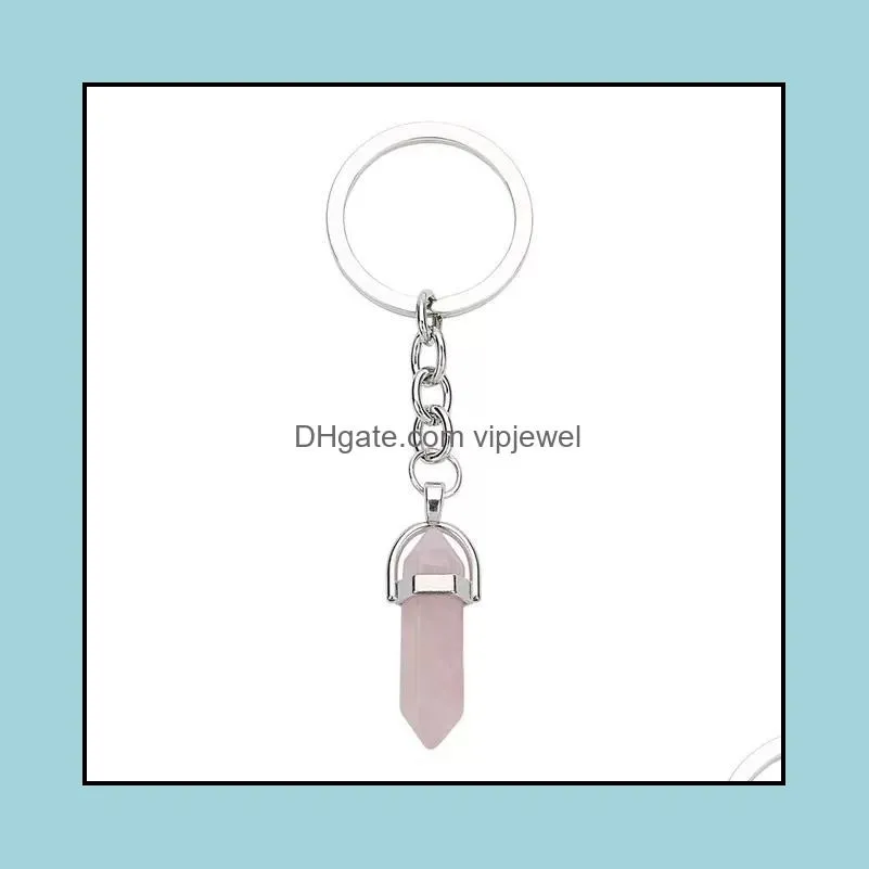 natural stone crystal key rings handbag dangle holder keychains hexagonal column pendulum amulet real agates tiger eye opal pink quartz key
