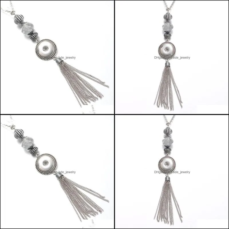 snap button jewelry long chain tassel rhinestone pendant fit 18mm snaps buttons necklace for women men noosa