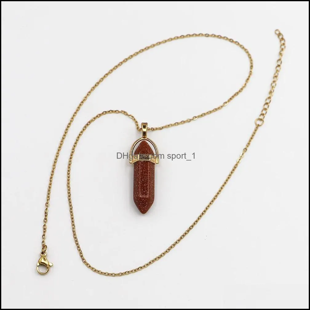 natural stone hexagonal column point gold necklaces cylindrical pendants healing crystal fluorite lapis pendulum chakra jewelry