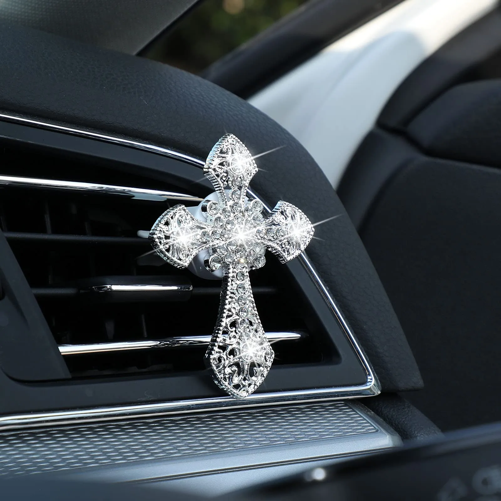 bling car air vent clip crystal cross rhinestone car air conditioner outlet vent charm car interior decoration car bling accessories for women girls silver