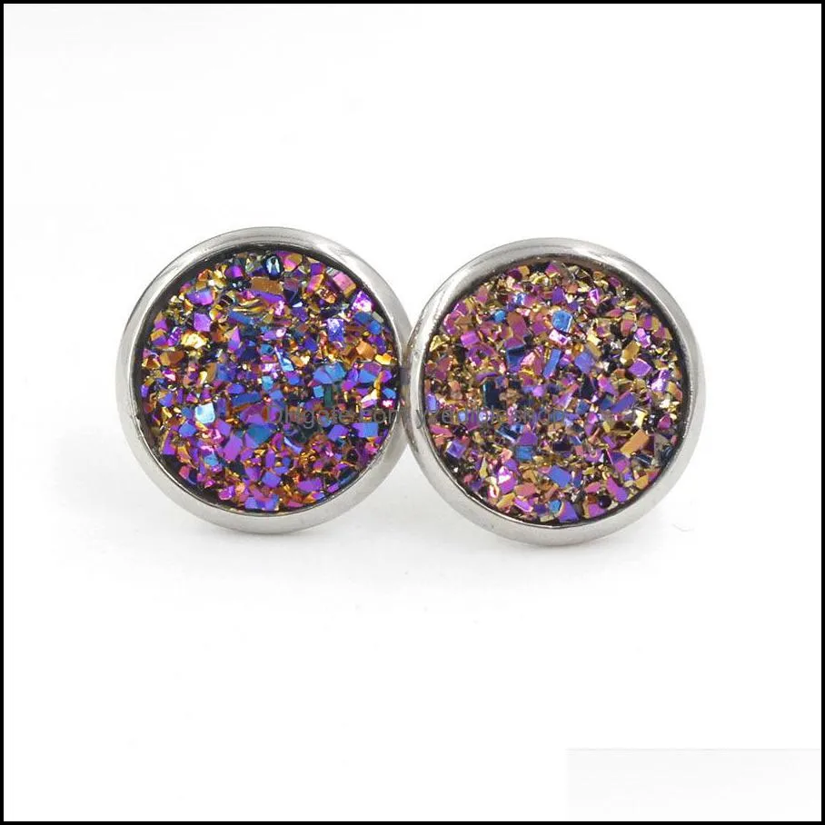 round stainless steel stud 10mm 12mm resin druzy drusy earrings handmade stud for women jewelry men