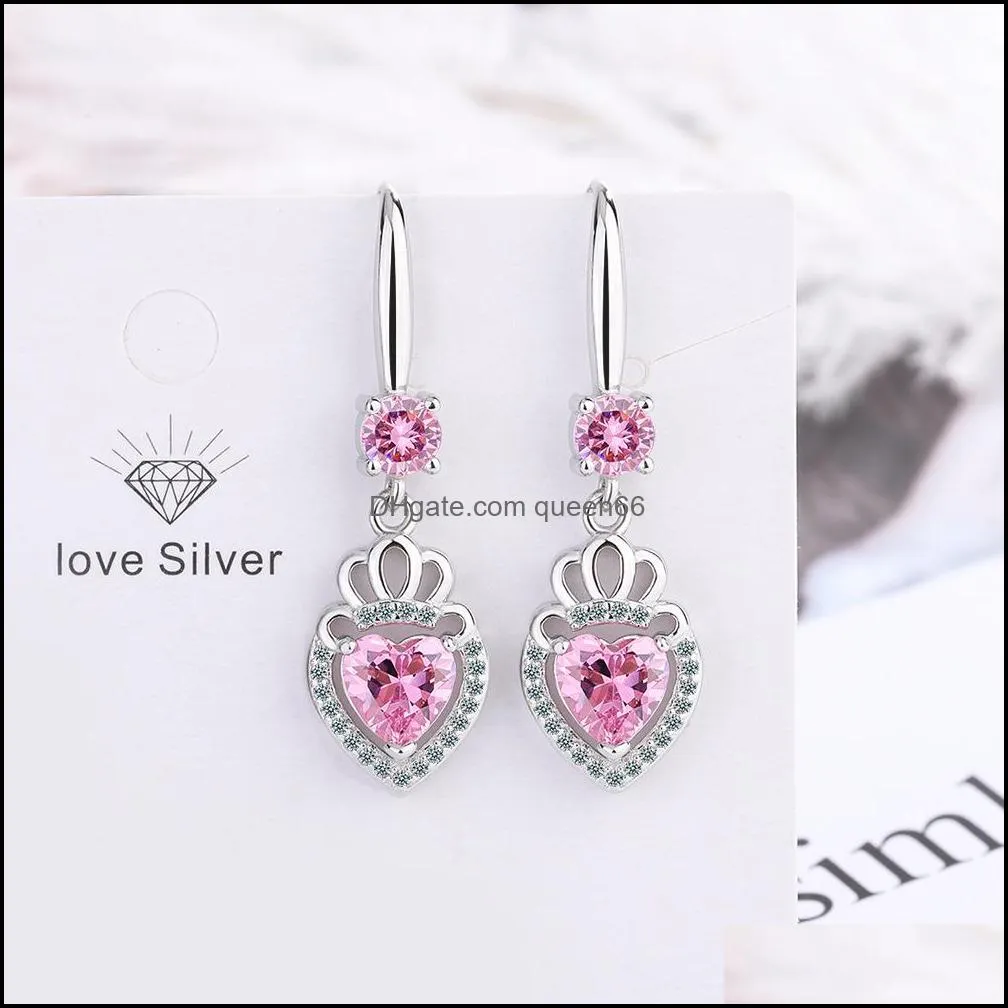 s925 stamp silver earrings heart crown charms blue pink white zircon earring jewelry shiny crystal tassel hoops piercing earrings for women wedding party