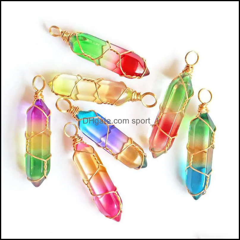 wholesale gradient colored glass crystal hexagon charms pendant necklaces trendy silver golden wire wrap pendants collars for women