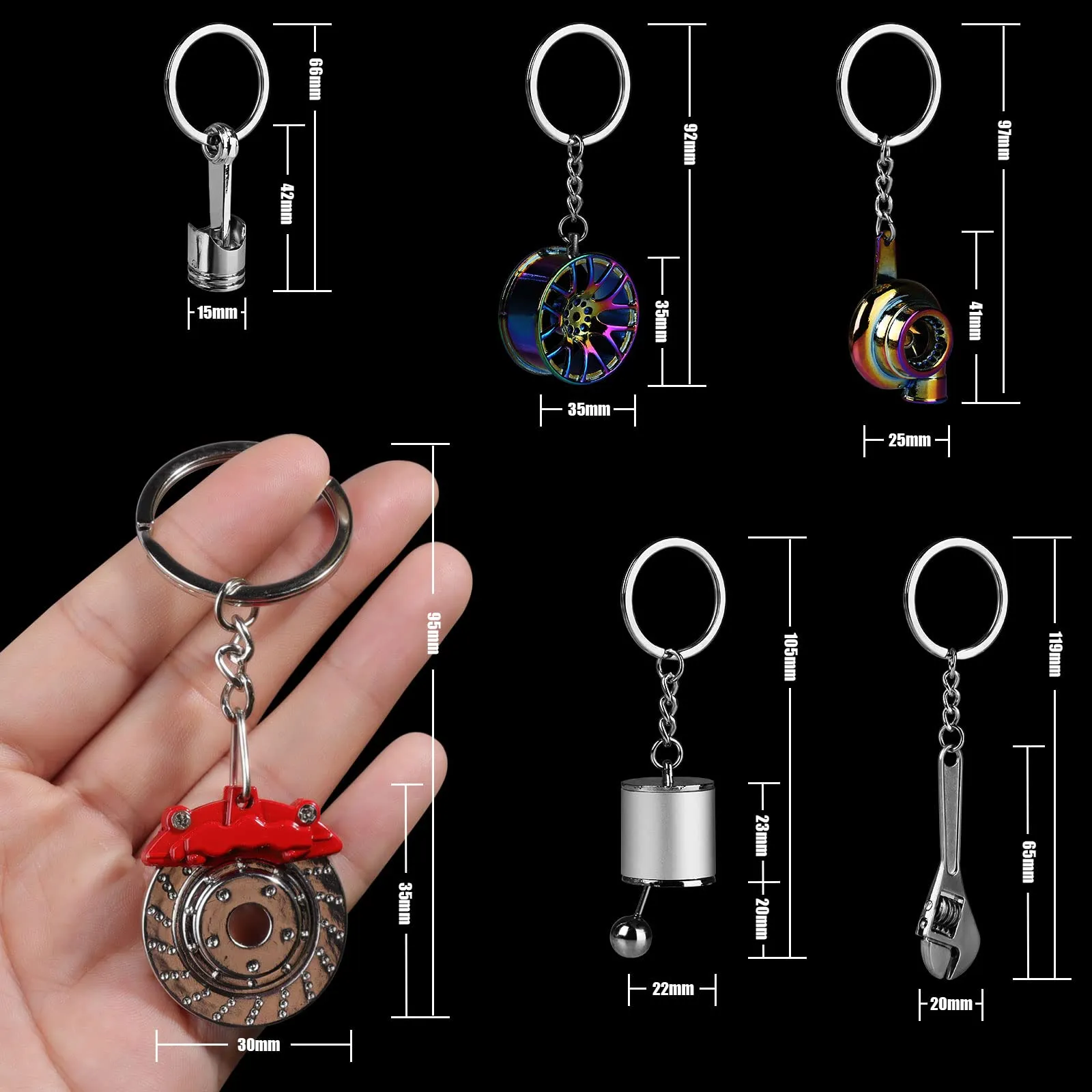 3ml auto parts metal key chain auto part model keychain set turbo keychain manual shift box keychain brake rotor keychain wheel tire rim keychain engine piston keychain wrench keychain