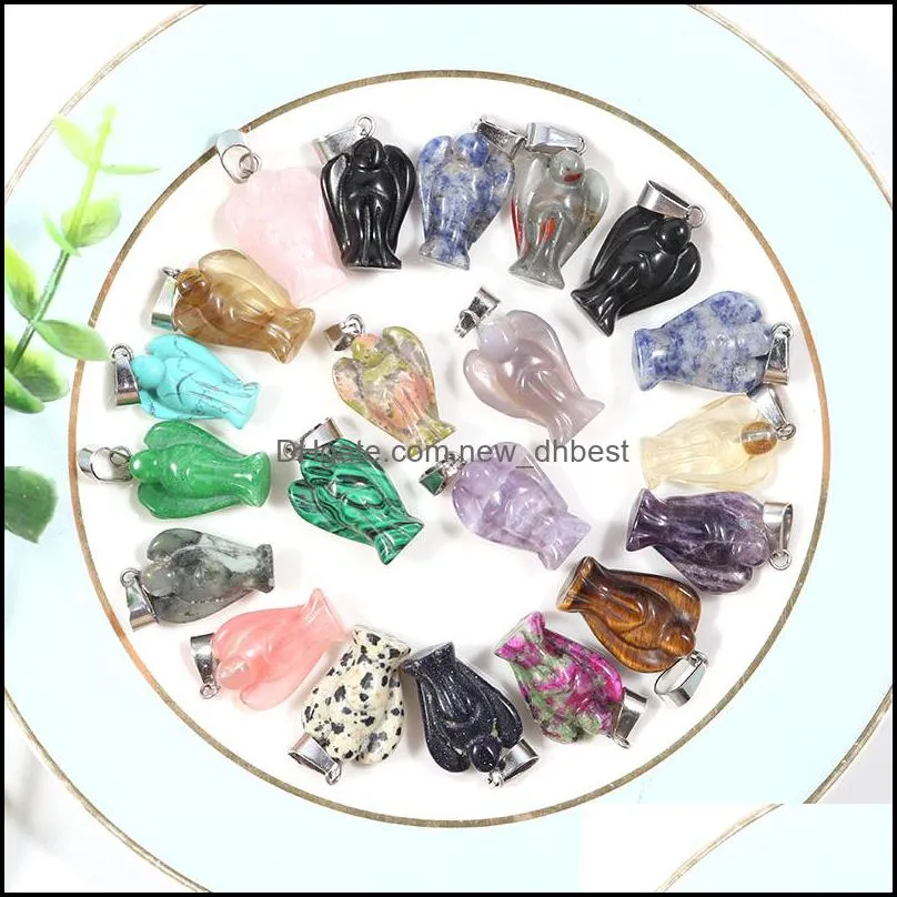 fashion natural stone carved angel charms rose quartz amethyst jade gem pendants for necklace making jewelry wholesale