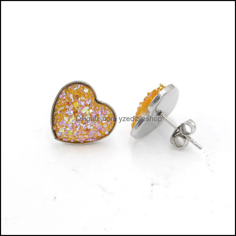 heart stainless steel stud 14mm resin druzy drusy earrings handmade stud for women jewelry men