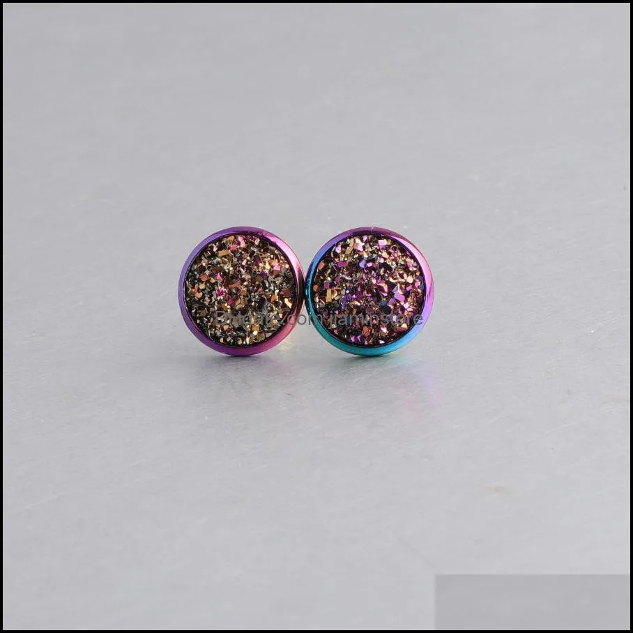 Rainbow Color Stainless Steel Stud 8mm 10mm 12mm Resin Druzy Drusy Earrings Handmade Stud for Women Jewelry Men