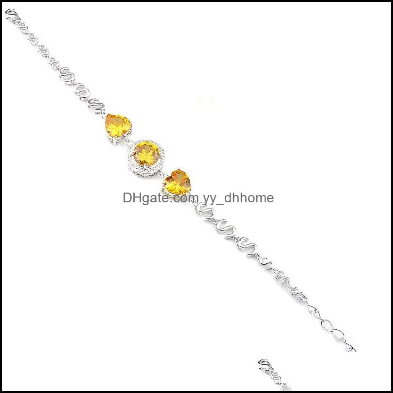 925 Sterling Silver Adjustable Bracelets For Women Round Citrine Retro Dazzling Cz Heart-shaped Bracelets 8