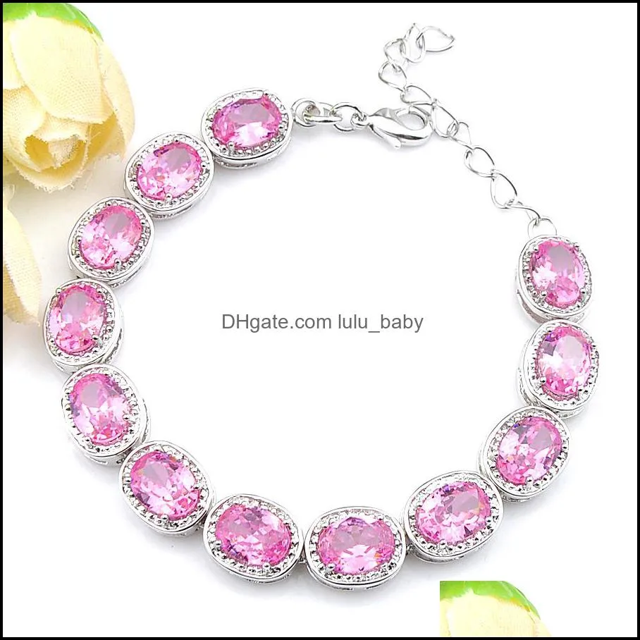 Sparking Oval Sweet Pink Kunzite Gemstone 925 Silver Tennis Bracelets for Women Xmas Gifts 8` inch