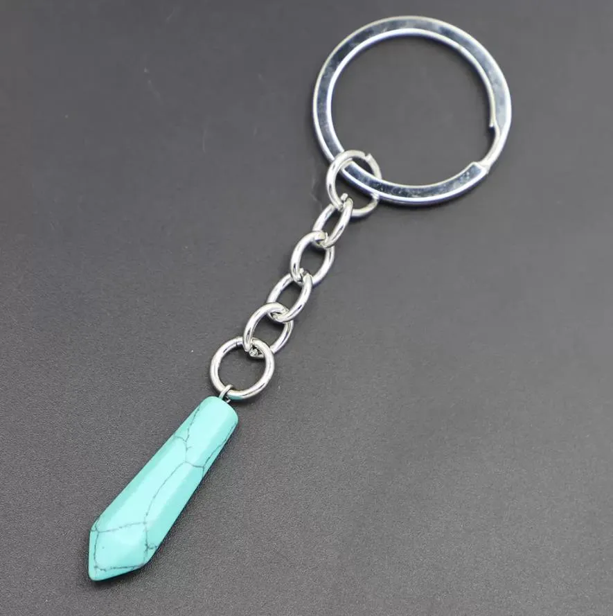 Natural Stone Hexagonal Column Keychain Water Drop Agate Shape Columnar Pendants Key Rings On Bag Car Jewelry Party Friends Gift