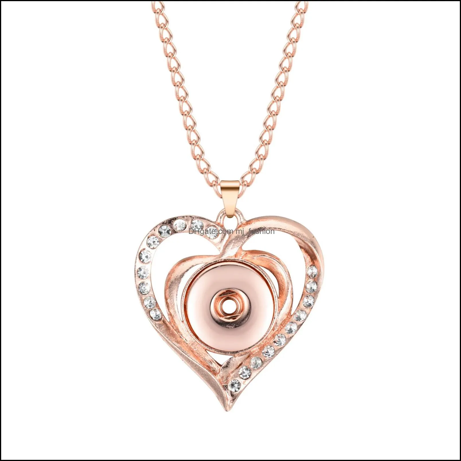 Snap Button Jewelry Rhinestone Silver Rose Gold Heart shape Pendant Fit 18mm Snaps Buttons Necklace for Women Men Noosa