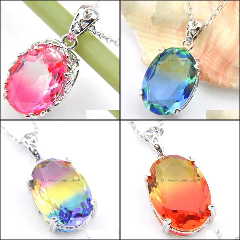 Mix 5PCS Rainbow New 925 sterling Silver Oval Rainbow Bi-Colored Blue Tourmaline Gemstone Necklaces Pendants For Lady Party