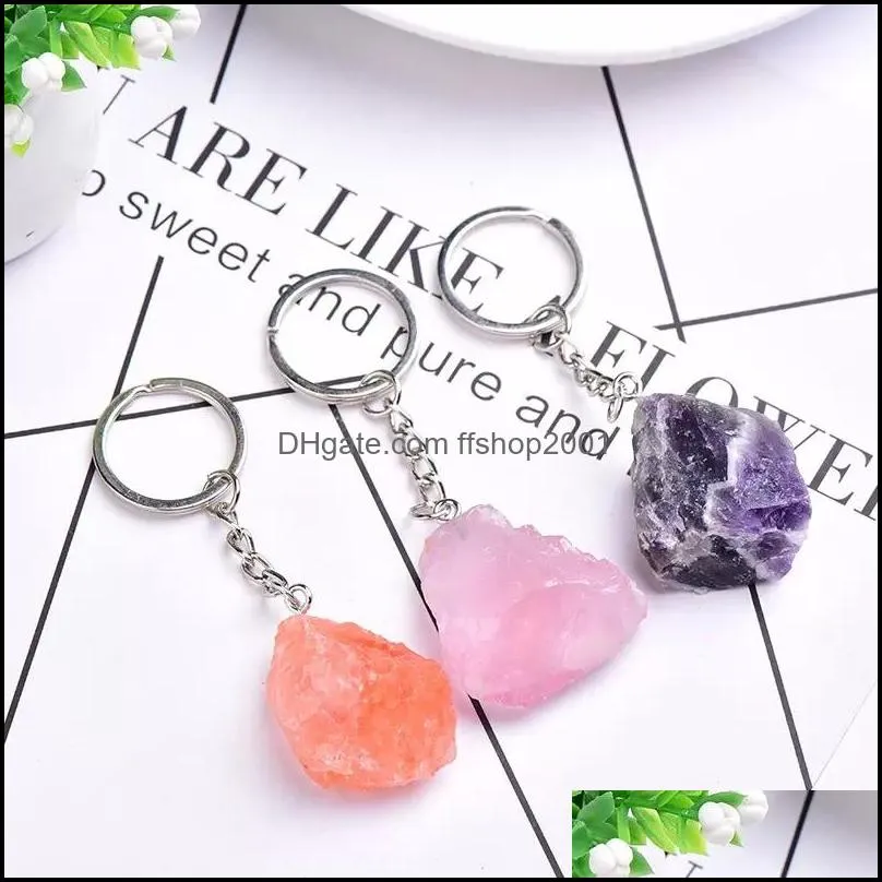 Natural Freeform Rough Stone Quartz Keychain Ring For Women Men Handbag Hangle Car Key Holder Raw Mineral Stones Keyring Jewelry