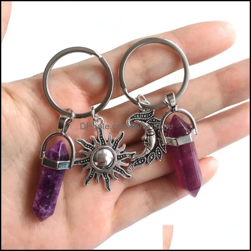 Alloy Sun Moon Charms Keychain Natural Stone Hexagonal Pillar Couple Keyrings Women Rose Quartz Key Chains Trinket Wedding Party Lovers