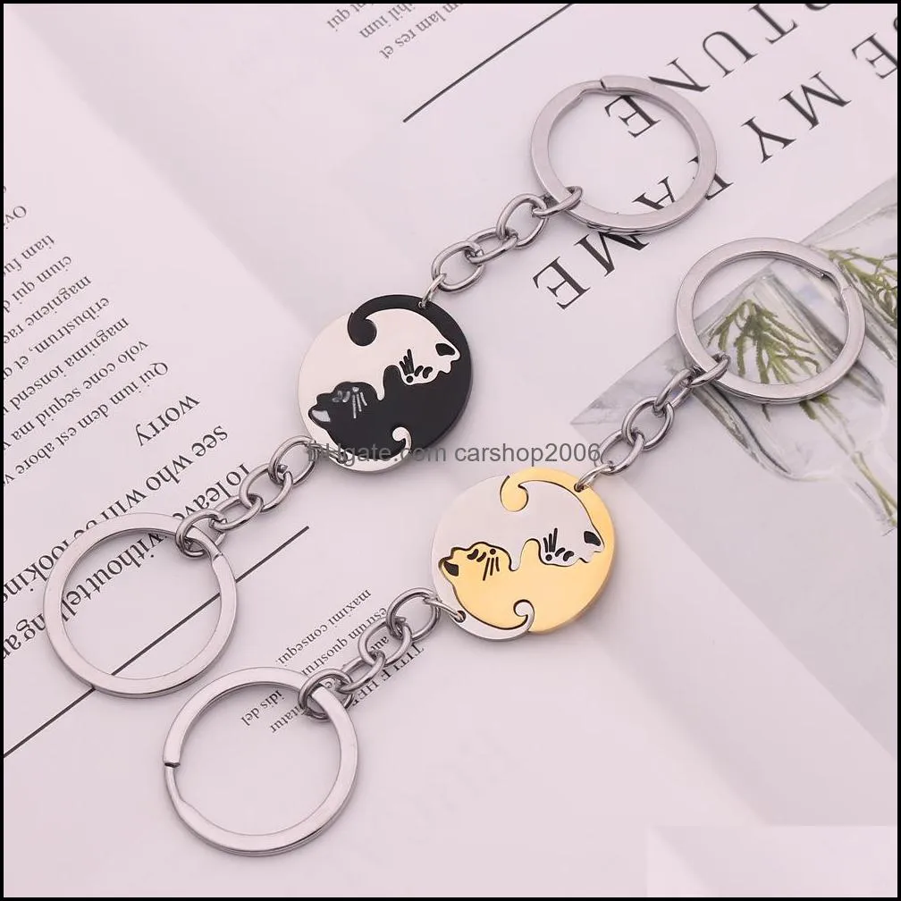 Hot Cute Animal Black White Cat Couple Keychains Pendants Lover Keyring Pulsera For Women Men Choker Valentine`s Day Gift